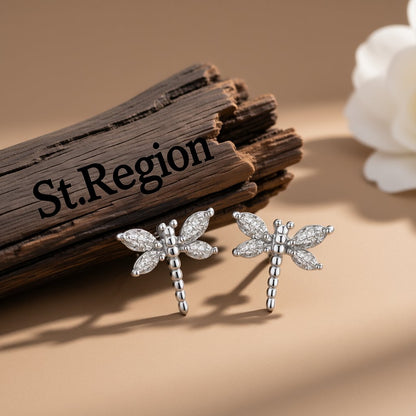 Crystal and Silver-Plated Dragonfly Stud Earrings, silver stud earrings for women, vintage-inspired design, front view