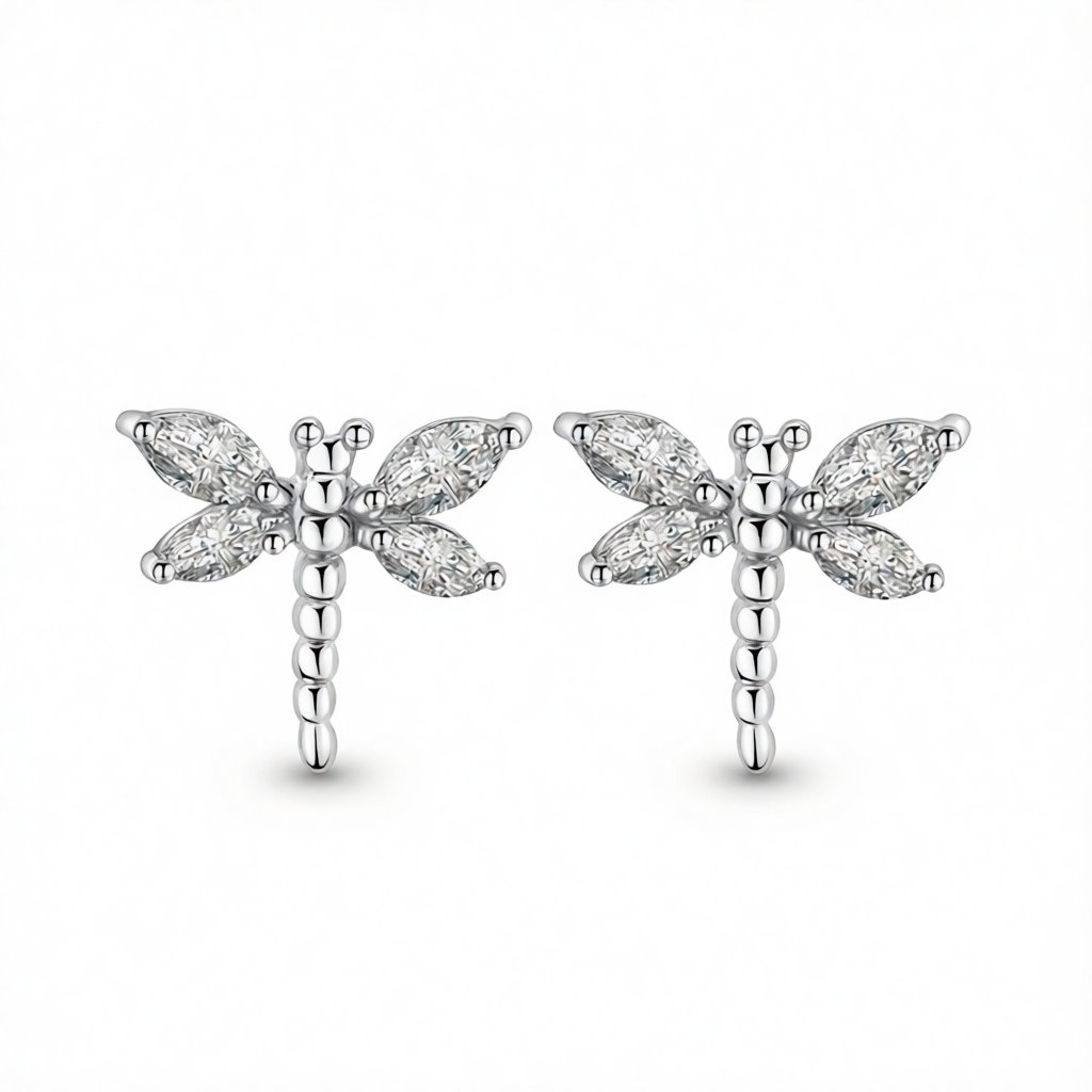 Crystal and Silver-Plated Dragonfly Stud Earrings, silver stud earrings for women, vintage-inspired design, side view
