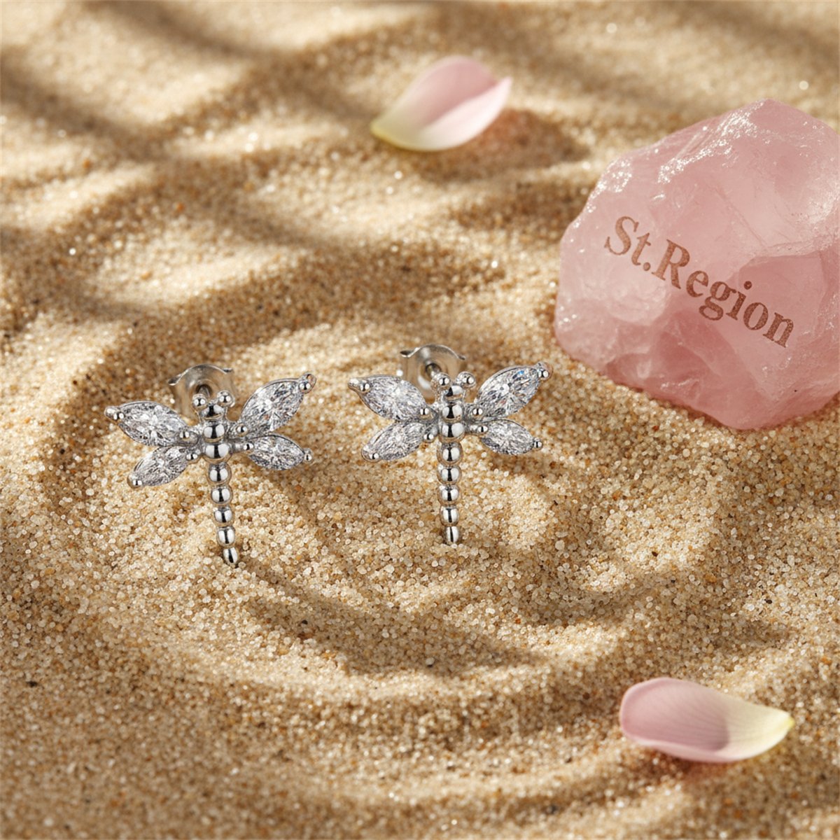 Crystal and Silver-Plated Dragonfly Stud Earrings, silver stud earrings for women, vintage-inspired design, detail close-up