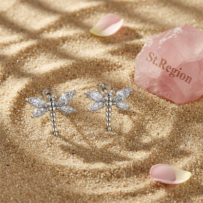Crystal and Silver-Plated Dragonfly Stud Earrings, silver stud earrings for women, vintage-inspired design, detail close-up