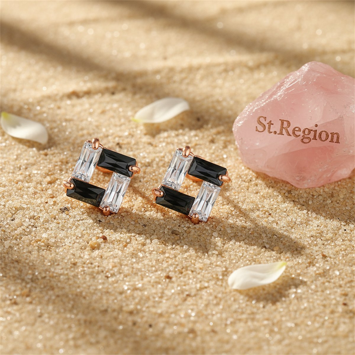 Black Cubic Zirconia and 18K Rose Gold-Plated Square Stud Earrings, rose gold stud earrings for women, detail close-up
