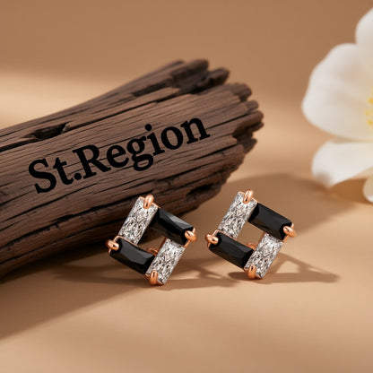 Black Cubic Zirconia and 18K Rose Gold-Plated Square Stud Earrings, rose gold stud earrings for women, front view