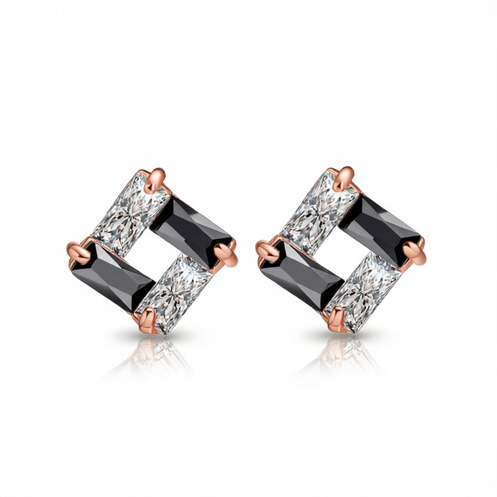 Black Cubic Zirconia and 18K Rose Gold-Plated Square Stud Earrings, rose gold stud earrings for women, side view
