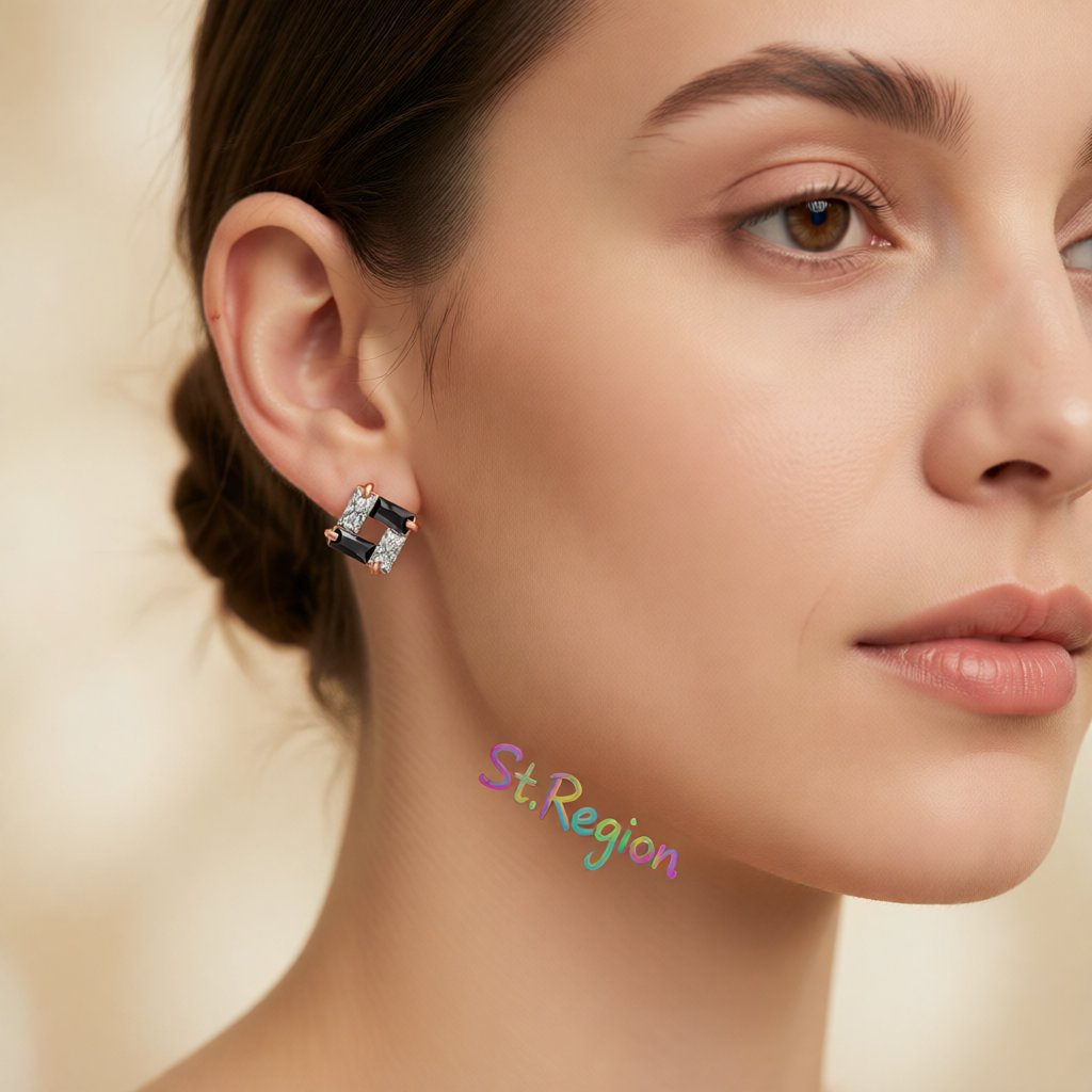 Black Cubic Zirconia and 18K Rose Gold-Plated Square Stud Earrings, rose gold stud earrings for women, styled look