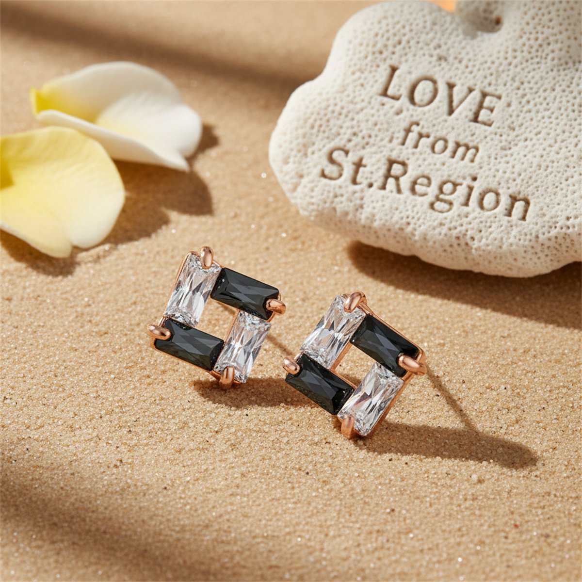 Black Cubic Zirconia and 18K Rose Gold-Plated Square Stud Earrings, rose gold stud earrings for women, lifestyle look