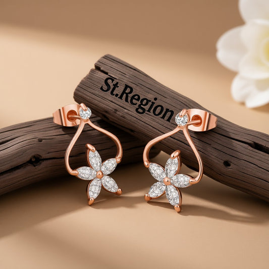 White Pear Crystal and 18K Rose Gold-Plated Clover Stud Earrings, cubic zirconia stud earrings for women, front view