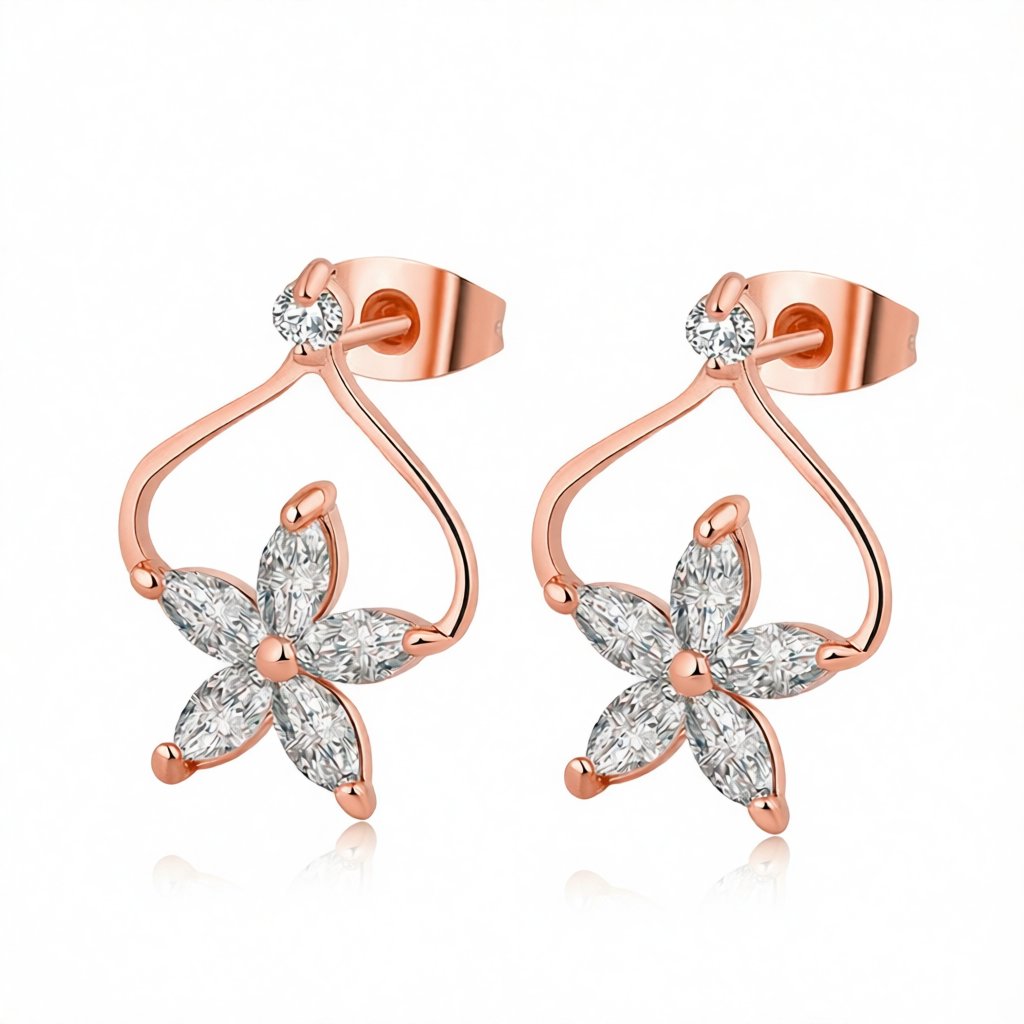 White Pear Crystal and 18K Rose Gold-Plated Clover Stud Earrings, cubic zirconia stud earrings for women, side view