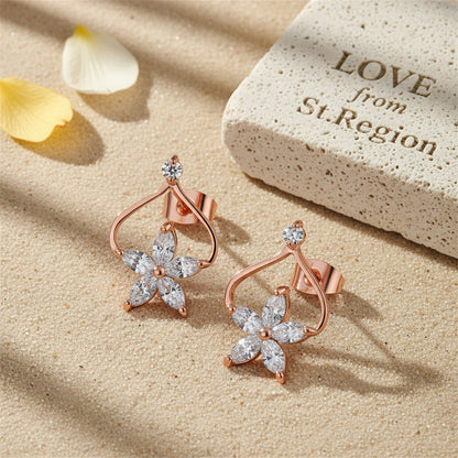 White Pear Crystal and 18K Rose Gold-Plated Clover Stud Earrings, cubic zirconia stud earrings for women, lifestyle look
