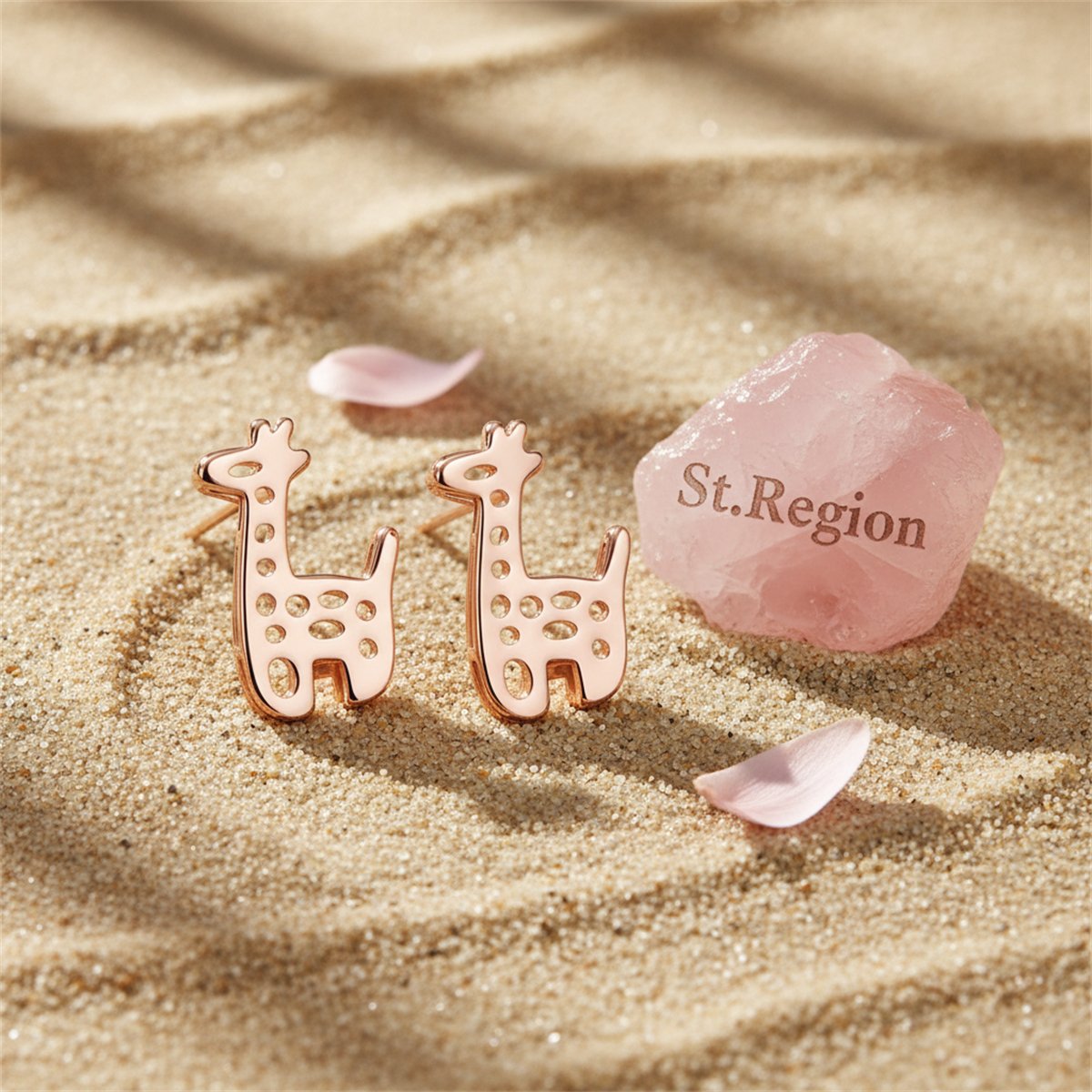 18K Rose Gold-Plated Open Giraffe Stud Earrings, rose gold stud earrings for women, everyday style, detail close-up