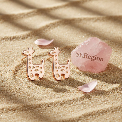 18K Rose Gold-Plated Open Giraffe Stud Earrings, rose gold stud earrings for women, everyday style, detail close-up