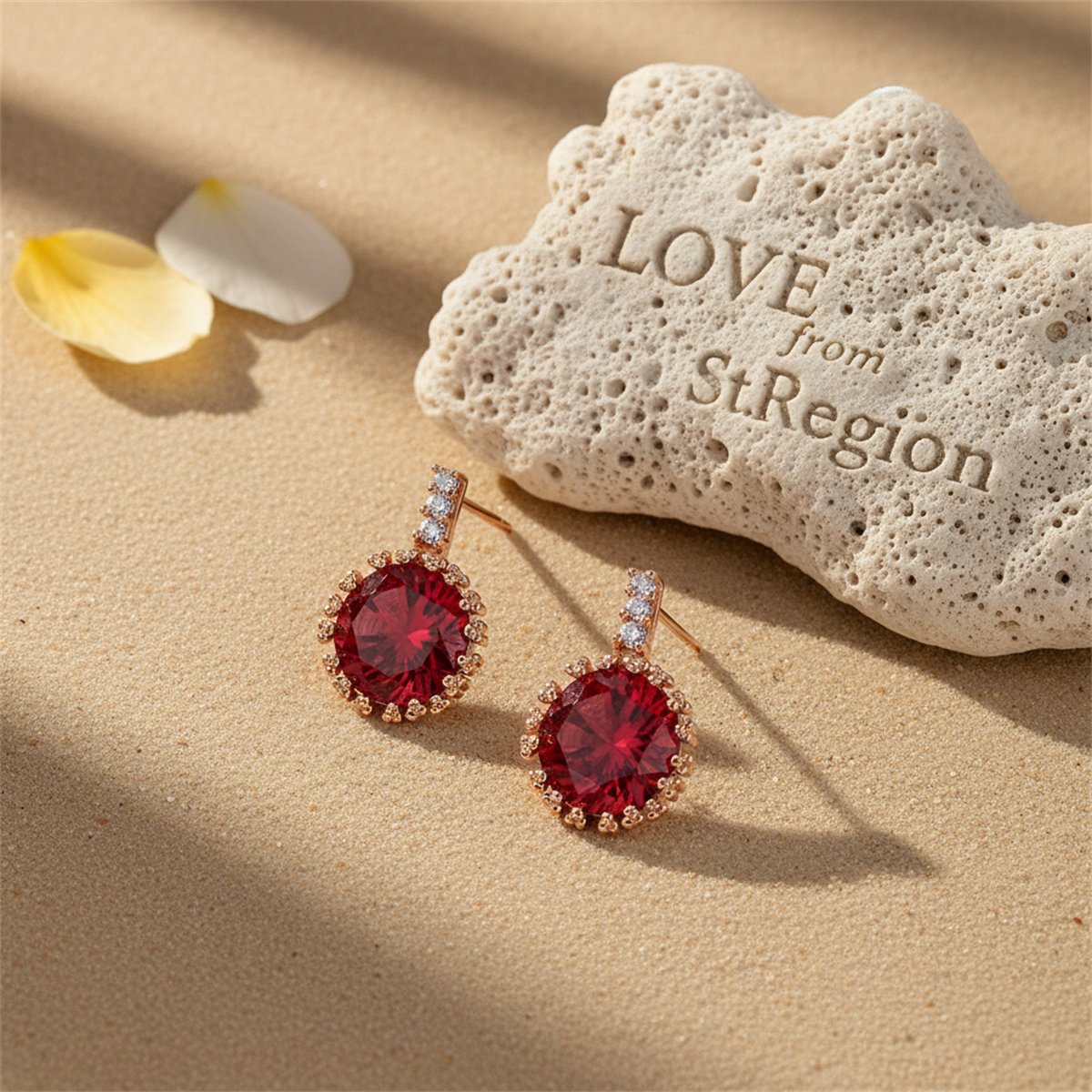 Red Crystal and Cubic Zirconia 18K Rose Gold-Plated Flower Stud Earrings, rose gold stud earrings for women, lifestyle look