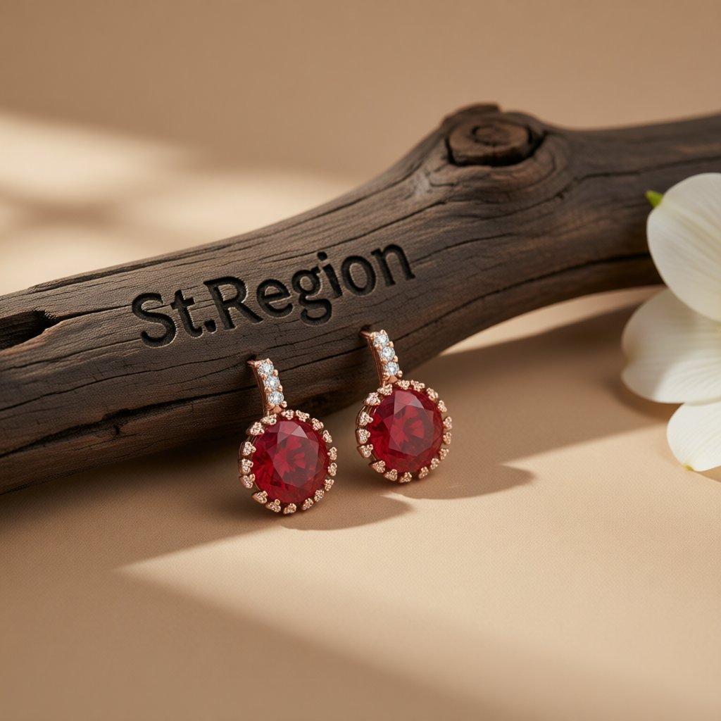 Red Crystal and Cubic Zirconia 18K Rose Gold-Plated Flower Stud Earrings, cubic zirconia stud earrings for women, front view