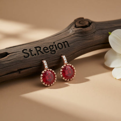 Red Crystal and Cubic Zirconia 18K Rose Gold-Plated Flower Stud Earrings, cubic zirconia stud earrings for women, front view