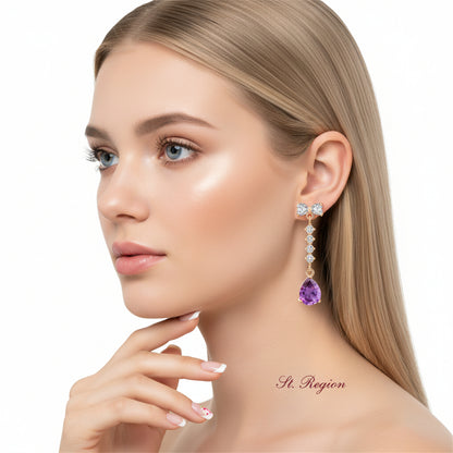 Purple Crystal & Cubic Zirconia Bow Drop Earrings