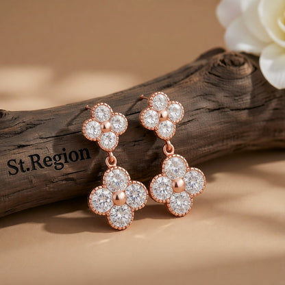 White Crystal and 18K Rose Gold-Plated Double Clover Drop Earrings, rose gold drop earrings for women, front view