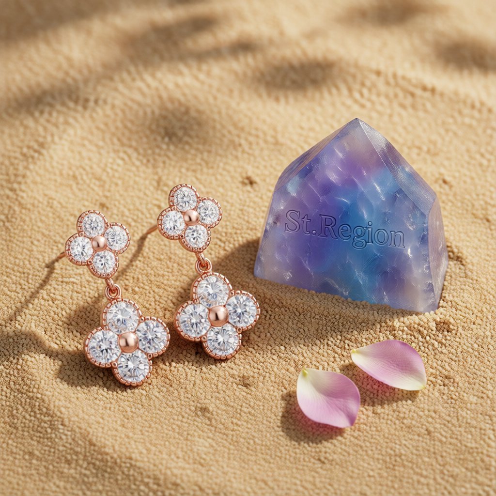 White Crystal and 18K Rose Gold-Plated Double Clover Drop Earrings, rose gold drop earrings for women, detail close-up