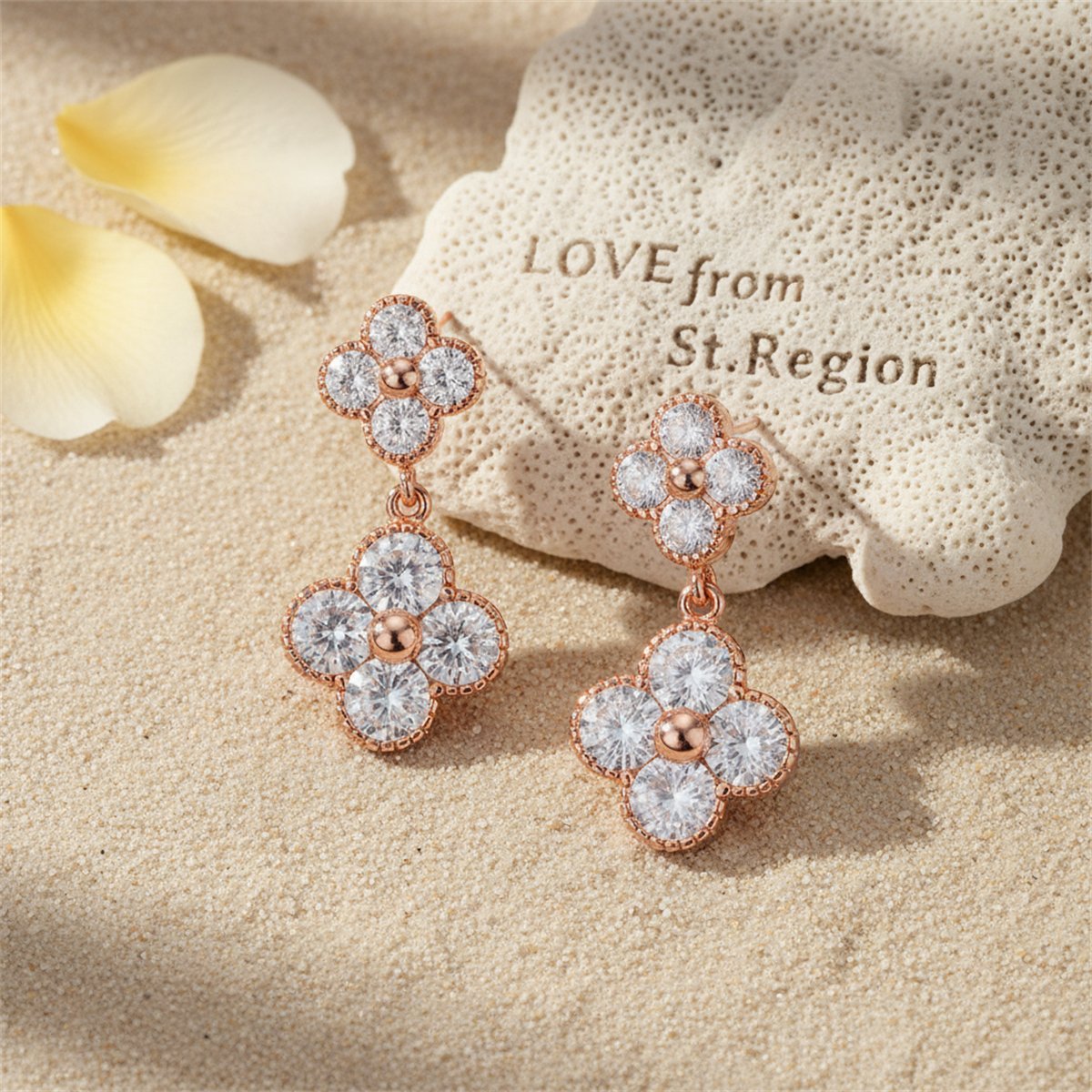 White Crystal and 18K Rose Gold-Plated Double Clover Drop Earrings, rose gold drop earrings for women, lifestyle look