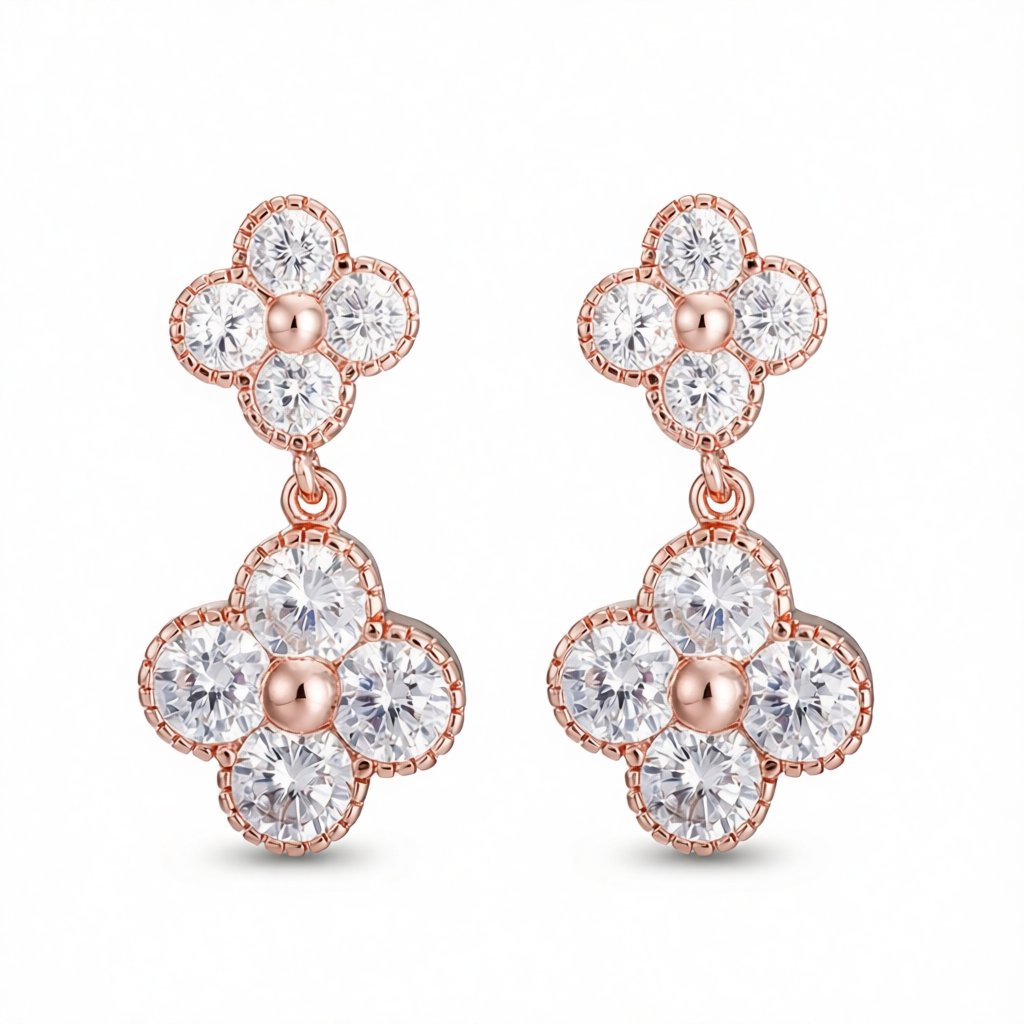 White Crystal and 18K Rose Gold-Plated Double Clover Drop Earrings, rose gold drop earrings for women, side view