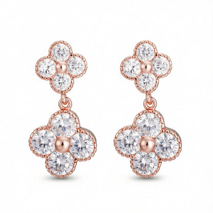 White Crystal and 18K Rose Gold-Plated Double Clover Drop Earrings, rose gold drop earrings for women, side view