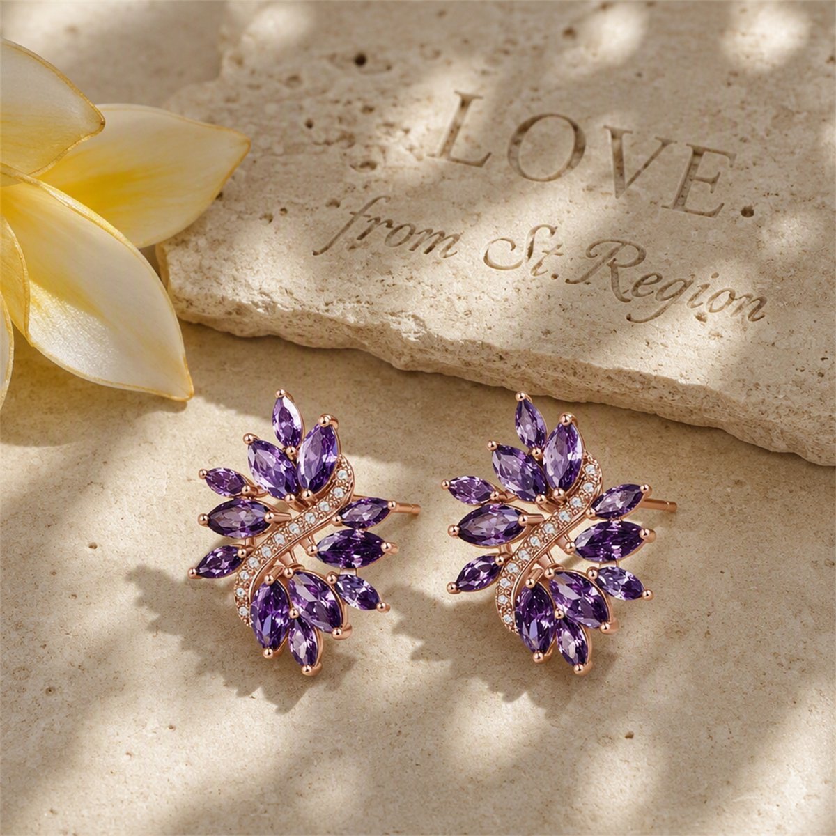 Purple Crystal and Cubic Zirconia Flower Stud Earrings, stud earrings for women, botanical inspired, lifestyle look