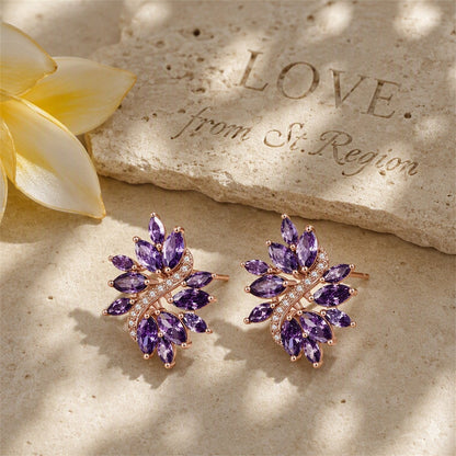Purple Crystal and Cubic Zirconia Flower Stud Earrings, stud earrings for women, botanical inspired, lifestyle look