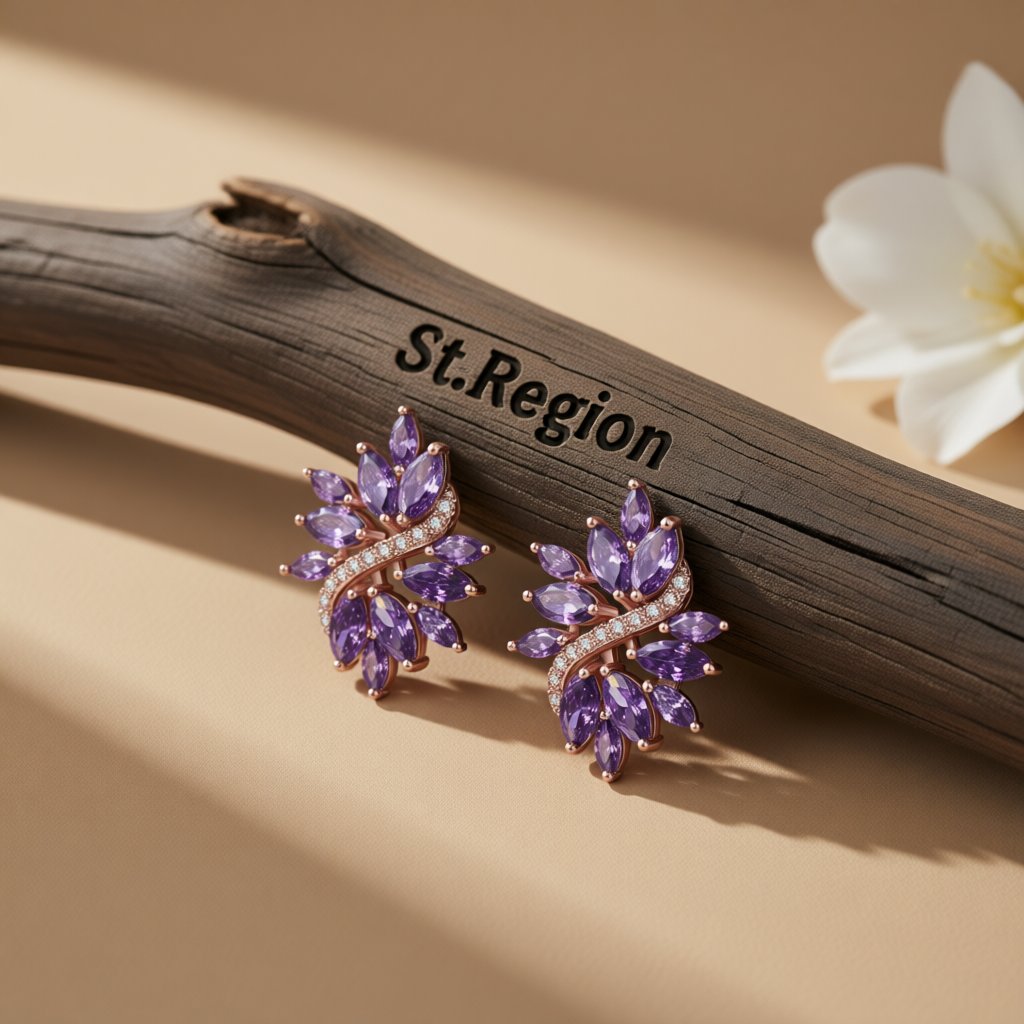 Purple Crystal and Cubic Zirconia Flower Stud Earrings, stud earrings for women, botanical inspired, front view