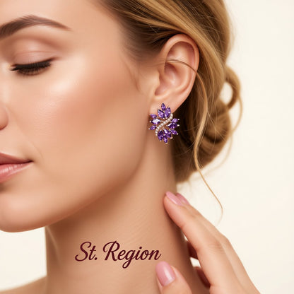 Purple Crystal and Cubic Zirconia Flower Stud Earrings, stud earrings for women, botanical inspired, styled look