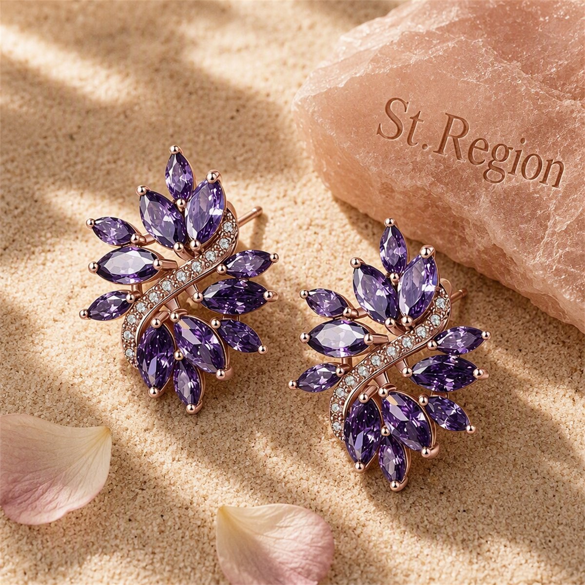 Purple Crystal and Cubic Zirconia Flower Stud Earrings, stud earrings for women, botanical inspired, detail close-up