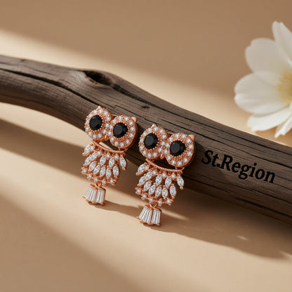 Crystal and Cubic Zirconia Owl Dangle Earrings, drop earrings for women, elegant gift for her, front view