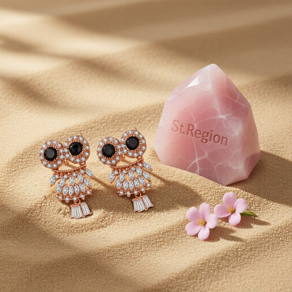 Crystal and Cubic Zirconia Owl Dangle Earrings, drop earrings for women, elegant gift for her, detail close-up