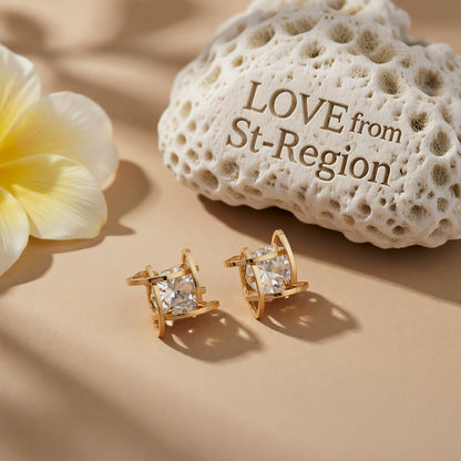 Crystal and 18K Gold-Plated Caged Stud Earrings, gold stud earrings for women, everyday style, lifestyle look
