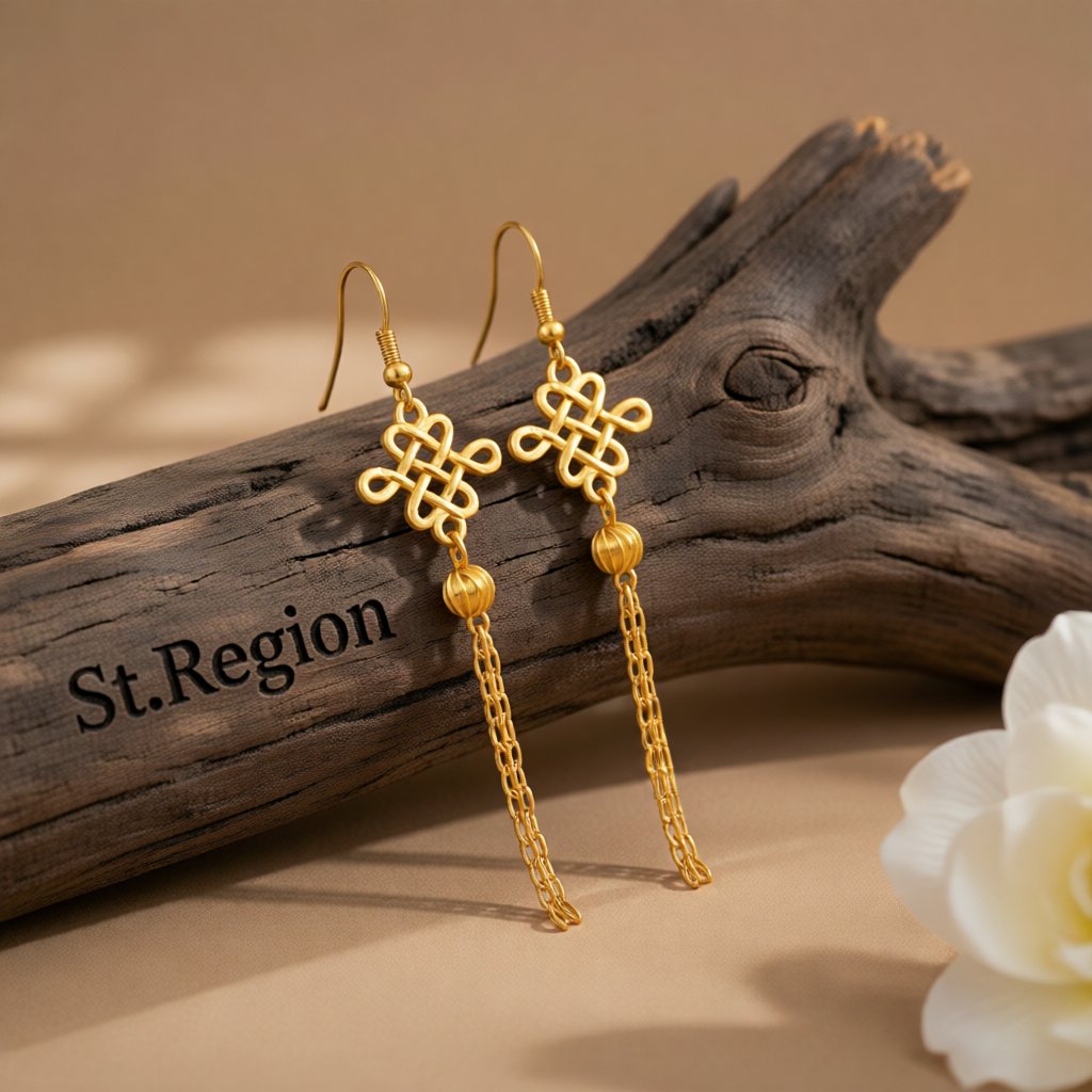 24K Gold-Plated Open Lucky Knot Tassel Drop Earrings, gold drop earrings for women, elegant gift for her, front view