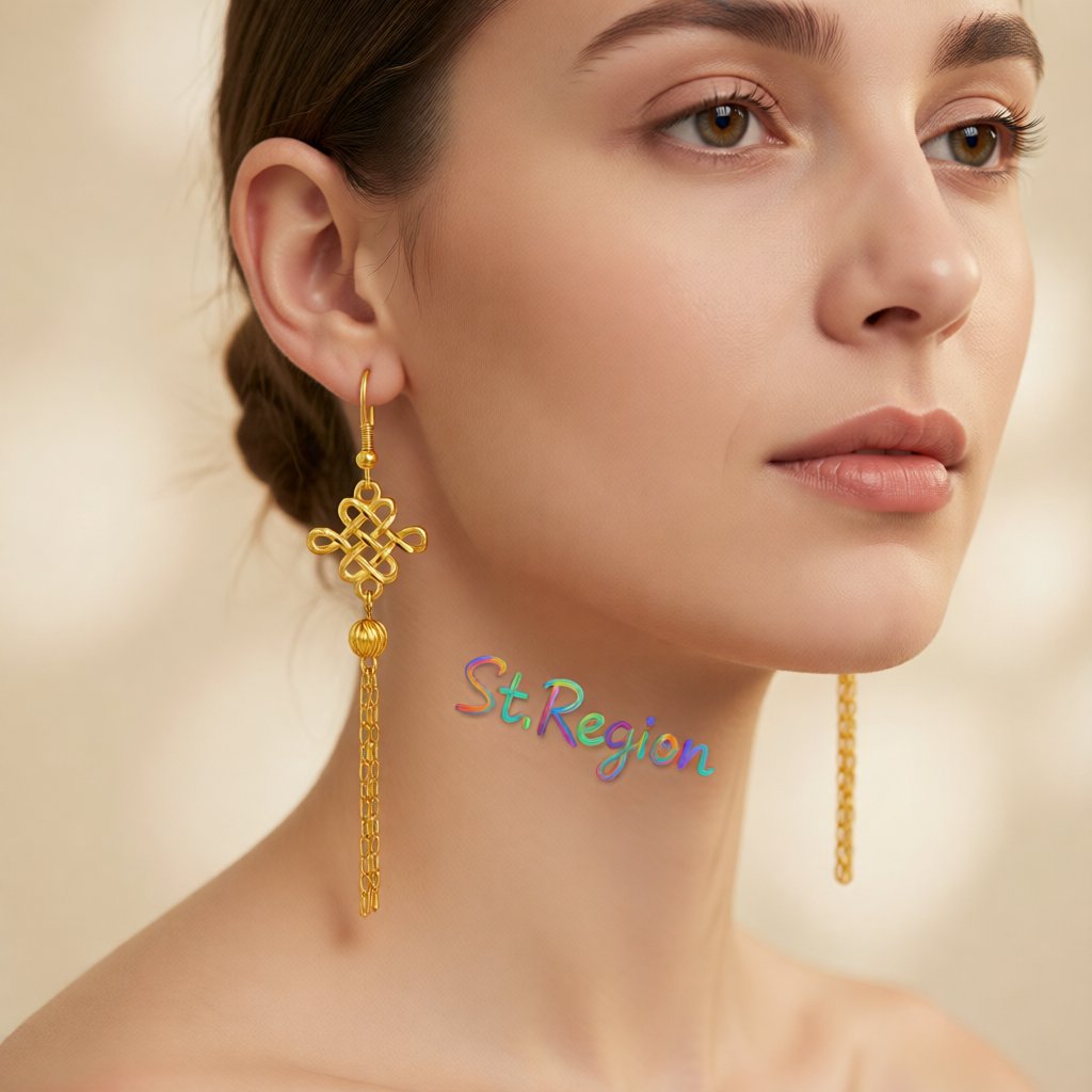 24K Gold-Plated Open Lucky Knot Tassel Drop Earrings, gold drop earrings for women, elegant gift for her, styled look