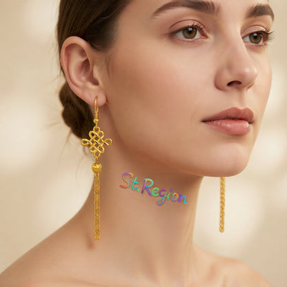 24K Gold-Plated Open Lucky Knot Tassel Drop Earrings, gold drop earrings for women, elegant gift for her, styled look