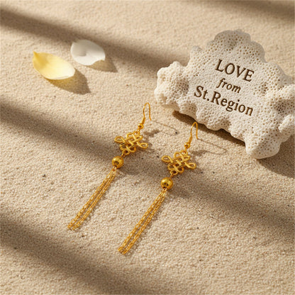 24K Gold-Plated Open Lucky Knot Tassel Drop Earrings, gold drop earrings for women, elegant gift for her, lifestyle look
