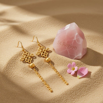 24K Gold-Plated Open Lucky Knot Tassel Drop Earrings, gold drop earrings for women, elegant gift for her, detail close-up