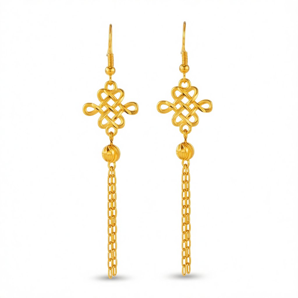 24K Gold-Plated Open Lucky Knot Tassel Drop Earrings, gold drop earrings for women, elegant gift for her, side view