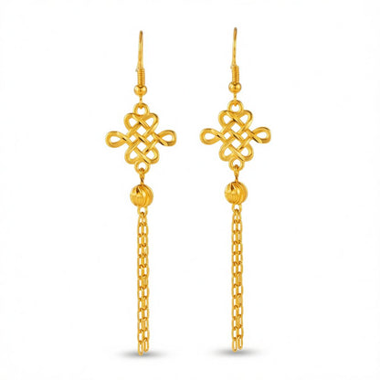 24K Gold-Plated Open Lucky Knot Tassel Drop Earrings, gold drop earrings for women, elegant gift for her, side view
