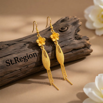 24K Gold-Plated Flower Tassel Drop Earrings, gold drop earrings for women, everyday style, front view