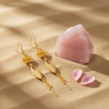 24K Gold-Plated Flower Tassel Drop Earrings, gold drop earrings for women, everyday style, detail close-up