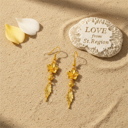 24K Gold-Plated Flower and Leaf Drop Earrings, gold drop earrings for women, vintage-inspired design, lifestyle look