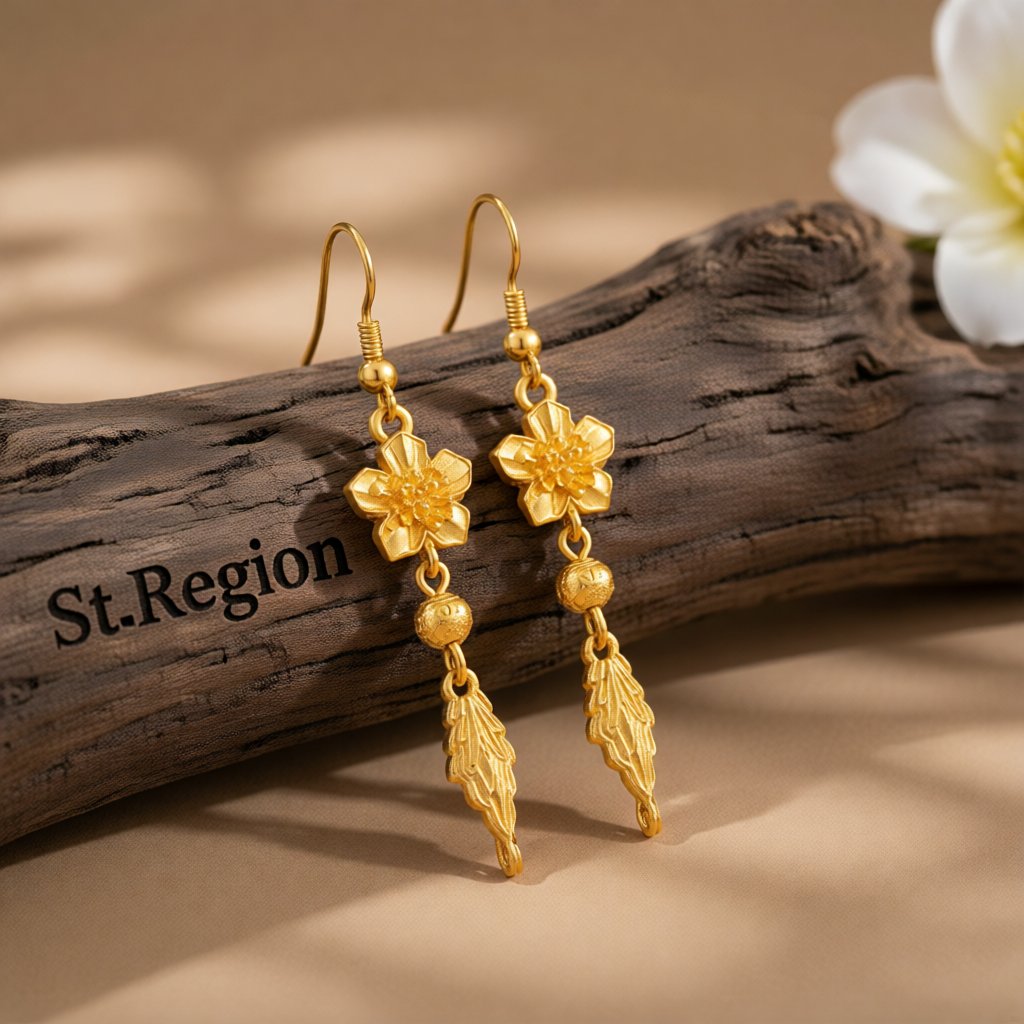 24K Gold-Plated Flower and Leaf Drop Earrings, gold drop earrings for women, vintage-inspired design, front view
