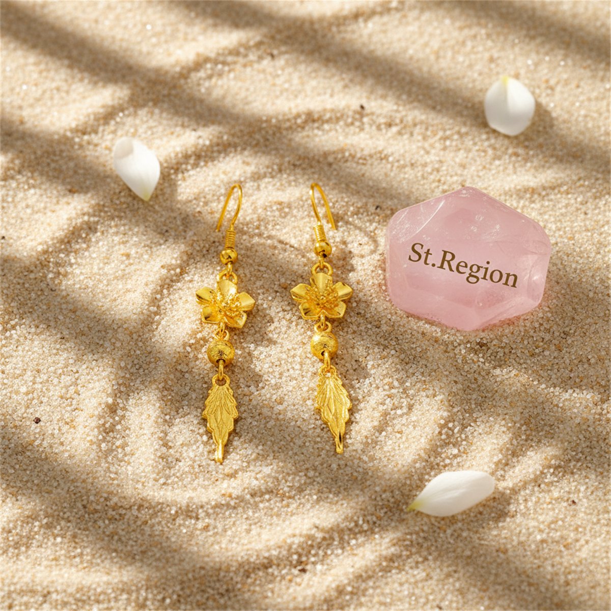 24K Gold-Plated Flower and Leaf Drop Earrings, gold drop earrings for women, vintage-inspired design, detail close-up