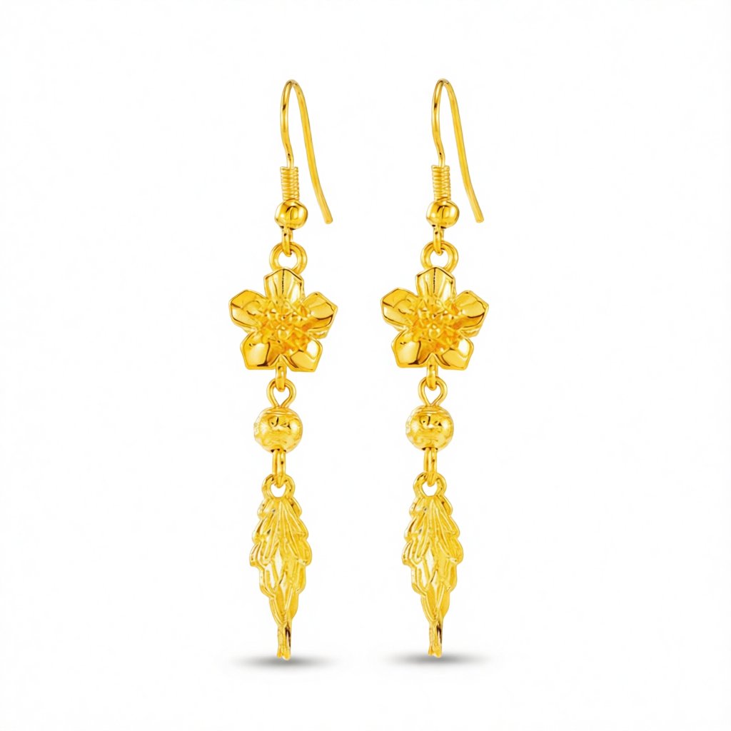24K Gold-Plated Flower and Leaf Drop Earrings, gold drop earrings for women, vintage-inspired design, side view