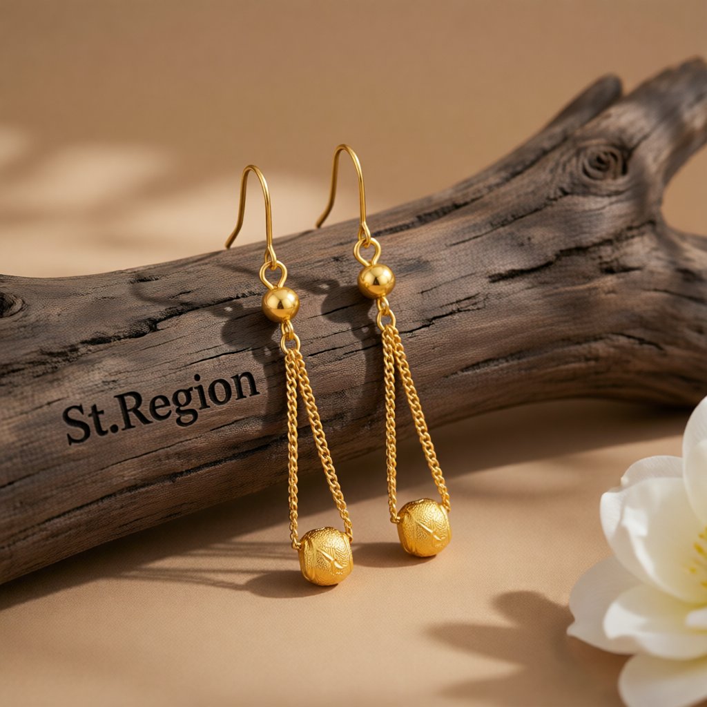 24K Gold-Plated Round Bead Drop Earrings, gold drop earrings for women, vintage-inspired design, front view