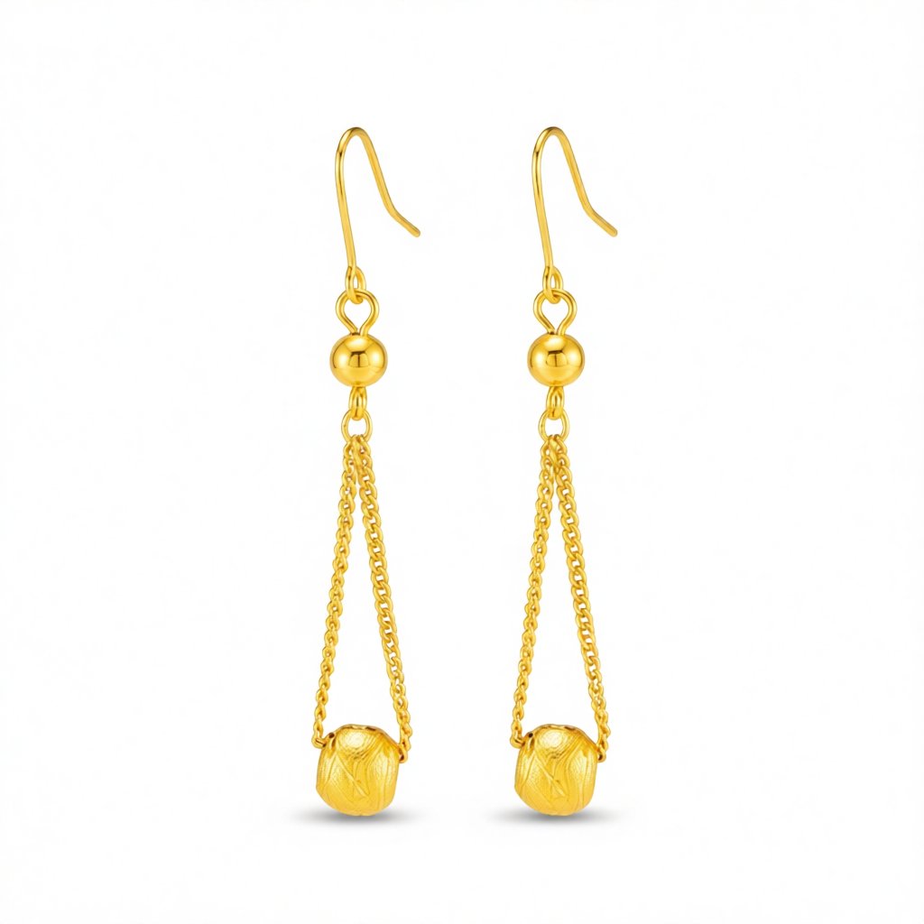24K Gold-Plated Round Bead Drop Earrings, gold drop earrings for women, vintage-inspired design, side view