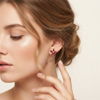 Red Crystal and 18K Rose Gold-Plated Floral Stud Earrings, cubic zirconia stud earrings for women, styled look