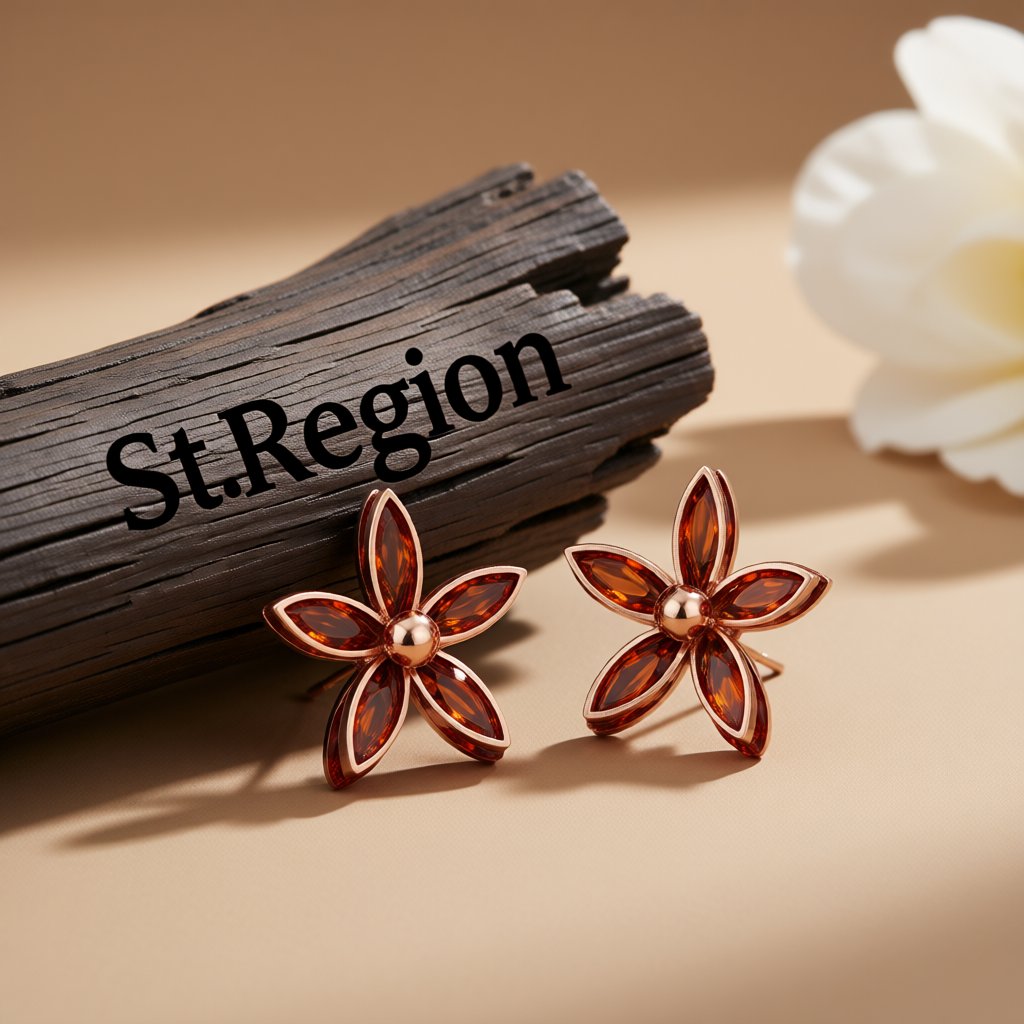 Red Crystal and 18K Rose Gold-Plated Floral Stud Earrings, cubic zirconia stud earrings for women, front view