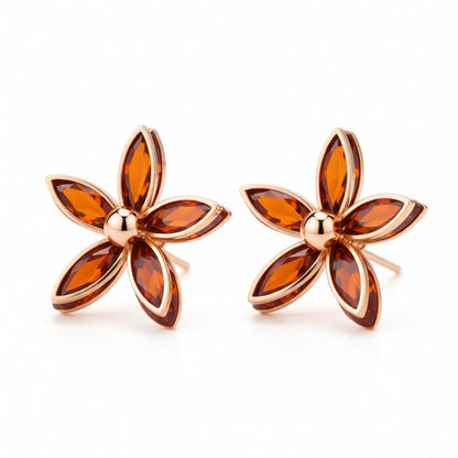 Red Crystal and 18K Rose Gold-Plated Floral Stud Earrings, cubic zirconia stud earrings for women, side view
