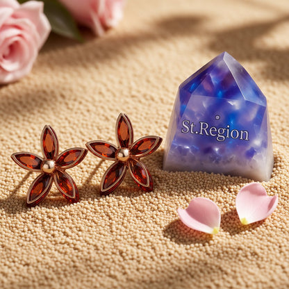 Red Crystal and 18K Rose Gold-Plated Floral Stud Earrings, cubic zirconia stud earrings for women, detail close-up